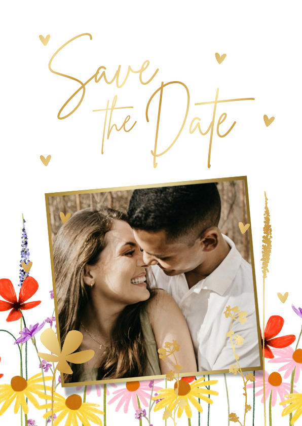 Trouwkaarten - Kleurrijke save the date met zomerbloemen en goud