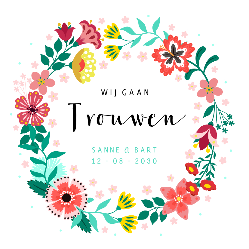 Kleurrijke uitnodiging bruiloft met bloemen