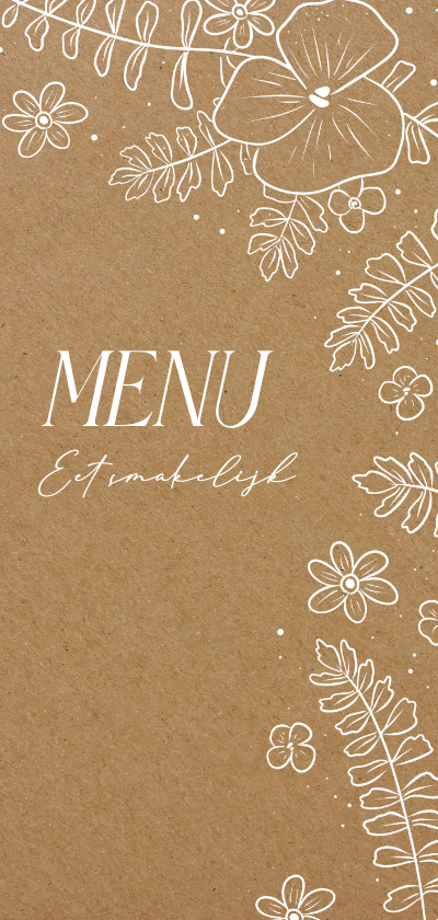Kraftlook menukaart voor een huwelijk met witte bloemen - Trouwkaarten Trouwkaarten - Kraftlook menukaart voor een huwelijk met witte bloemen