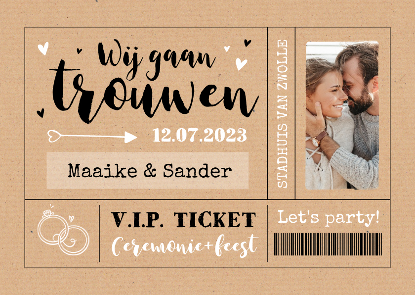 Kraftlook ticket trouwkaart uitnodiging foto hartjes - Trouwkaarten Trouwkaarten - Kraftlook ticket trouwkaart uitnodiging foto hartjes