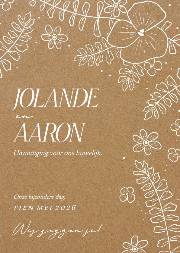 Trouwkaarten - Kraftlook trouwkaart met witte lijnillustraties van bloemen