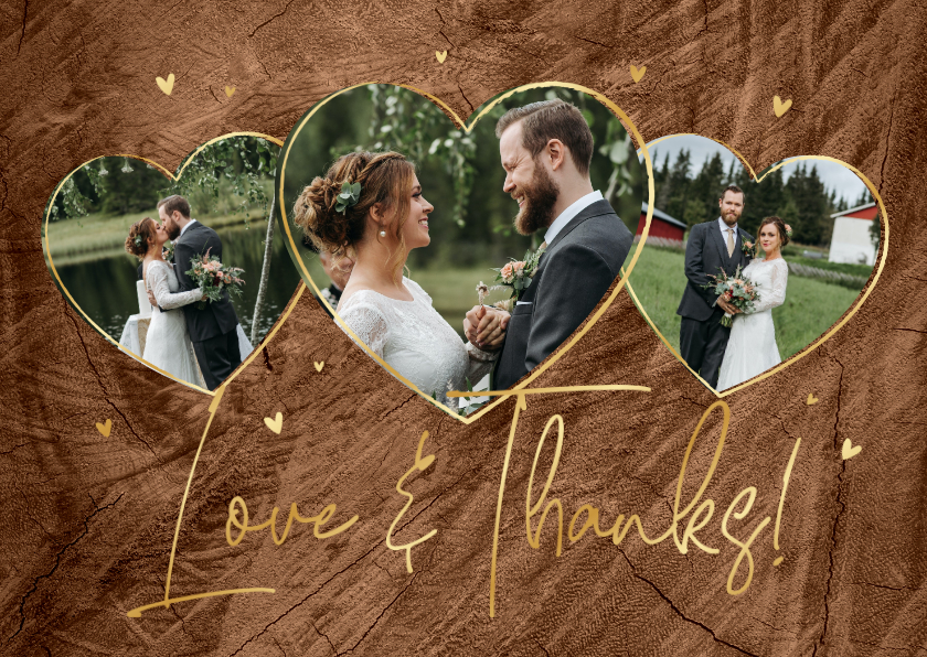Love and thanks trouwkaart hout foto's hartjes goud - Trouwkaarten Trouwkaarten - Love and thanks trouwkaart hout foto's hartjes goud