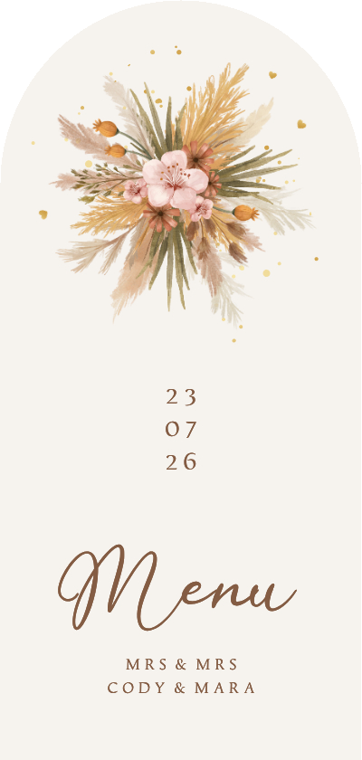 Trouwkaarten - Menu boogkaart bohemian bloemen takjes gras romantisch