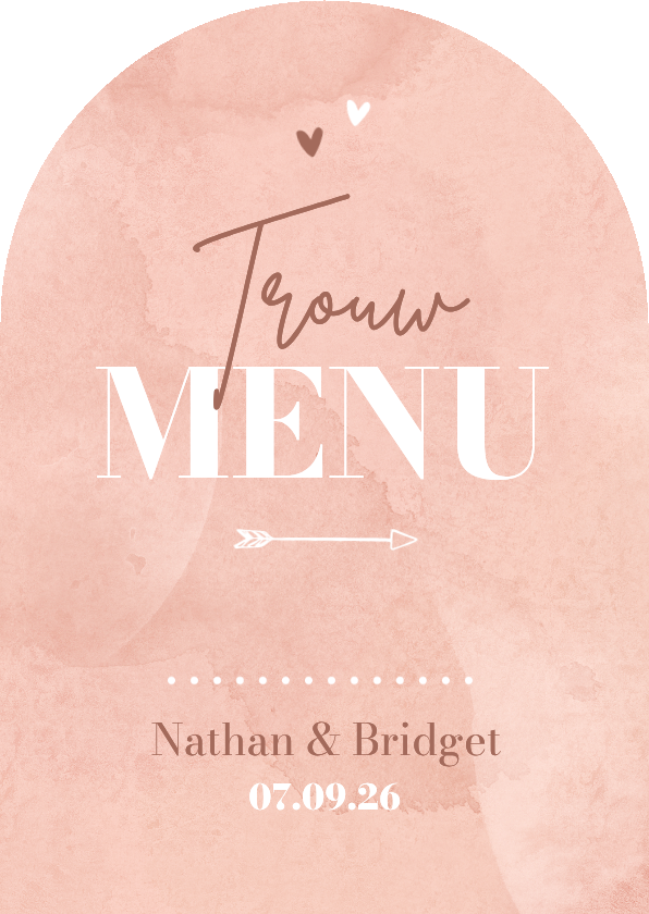 Trouwkaarten - Menu boogkaart trouwen roze waterverf hartjes typografie
