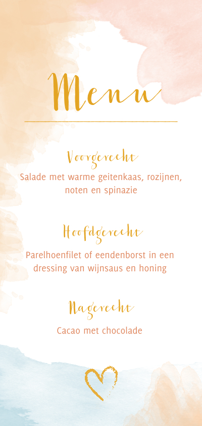 Menu bruiloft waterverf peach roze blauw - Trouwkaarten Trouwkaarten - Menu bruiloft waterverf peach roze blauw