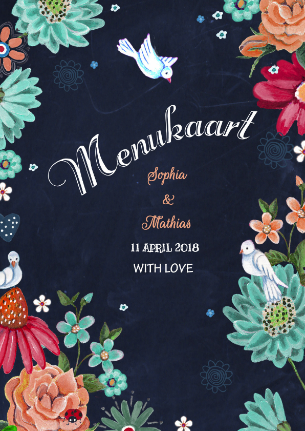 Menu Trouwen Bloemen Schoolbord - Trouwkaarten Trouwkaarten - Menu Trouwen Bloemen Schoolbord