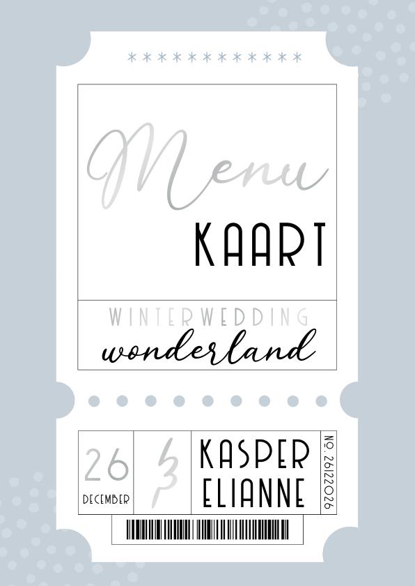 Trouwkaarten - Menu trouwkaart blauw winter wedding ticket 