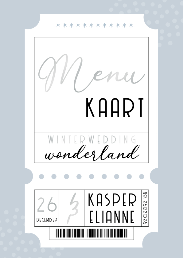 Menu trouwkaart blauw winter wedding ticket - Trouwkaarten Trouwkaarten - Menu trouwkaart blauw winter wedding ticket