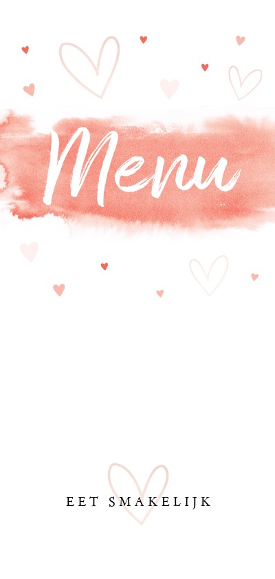 Menukaart aquarel coral pink met hartjes - Trouwkaarten Trouwkaarten - Menukaart aquarel coral pink met hartjes