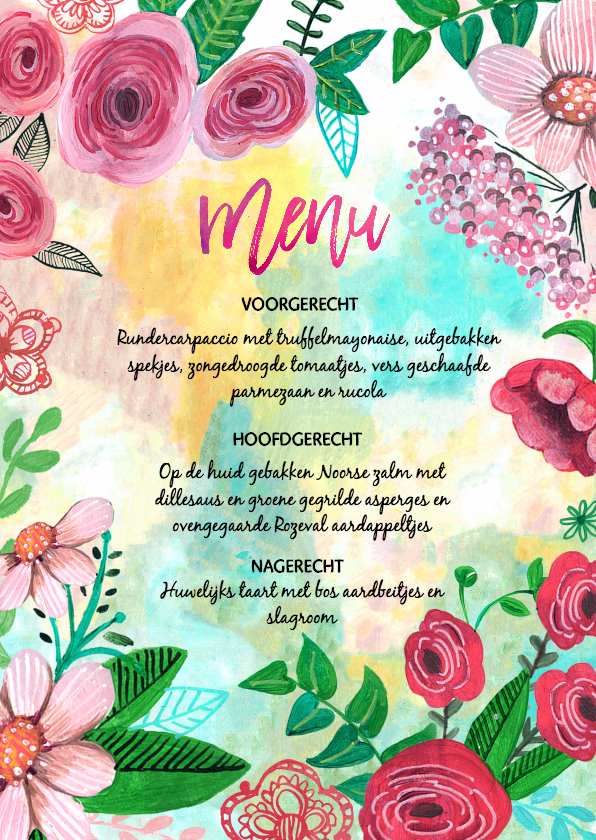 Menukaart bloemen geschilderd - Trouwkaarten Trouwkaarten - Menukaart bloemen geschilderd