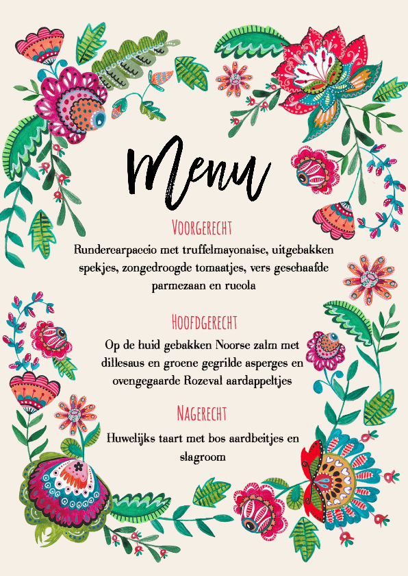 Menukaart Bohemian Bloemen enkel - Trouwkaarten Trouwkaarten - Menukaart Bohemian Bloemen enkel