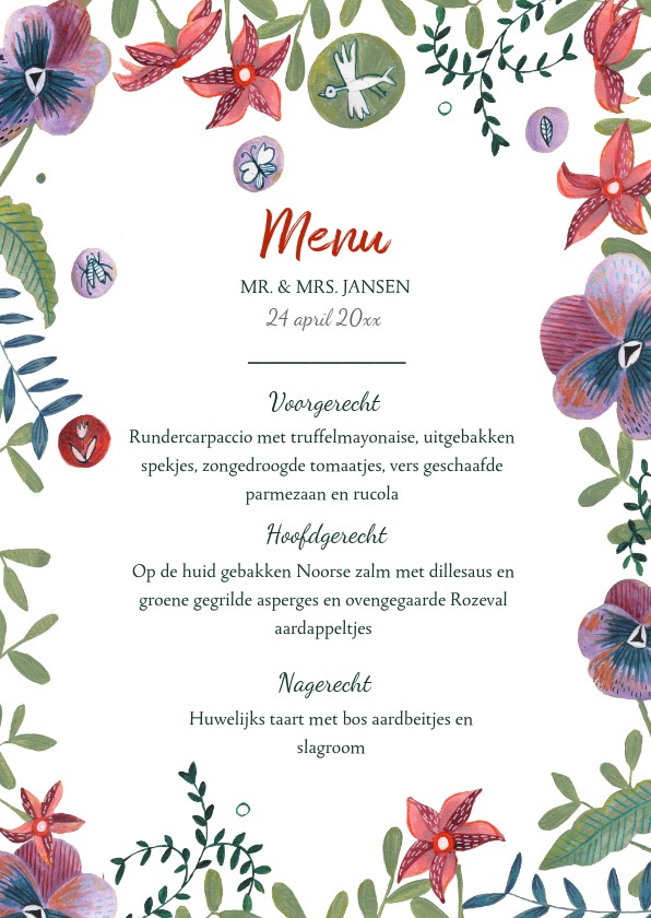 Menukaart bohemian bloemen rand - Trouwkaarten Trouwkaarten - Menukaart bohemian bloemen rand