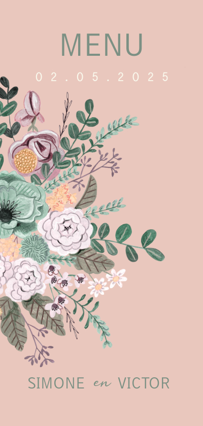 Trouwkaarten - Menukaart bohemian blush pink and sage groen bloemen 