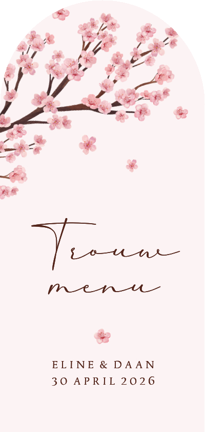 Trouwkaarten - Menukaart boogkaart bruiloft bloesem lente romantisch roze