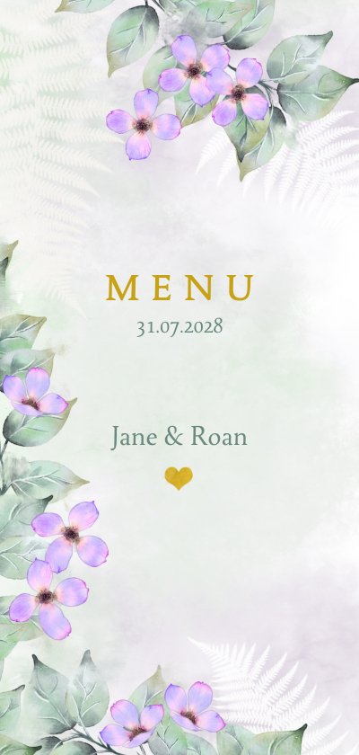 Menukaart botanisch roze-lila bloemen - Trouwkaarten Trouwkaarten - Menukaart botanisch roze-lila bloemen