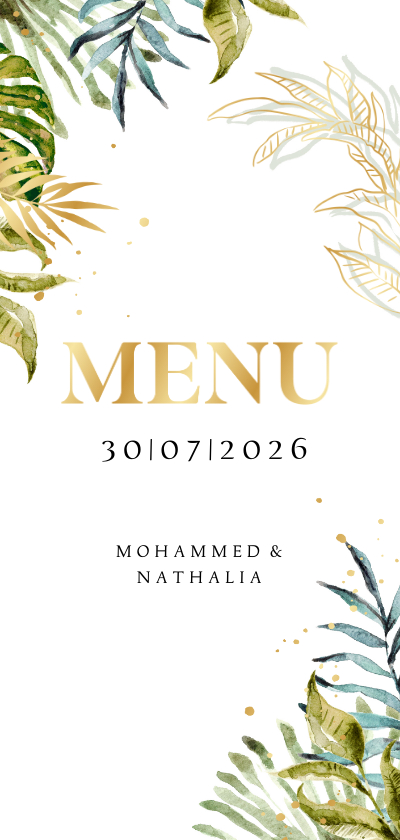Menukaart botanische bladeren watercolour goud spetters Menukaart botanische bladeren watercolour goud spetters