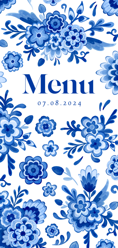 Trouwkaarten - Menukaart bruiloft Delfts blauw bloemen romantisch vintage