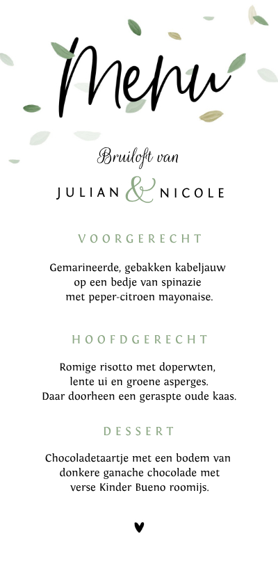 Trouwkaarten - Menukaart bruiloft ecologisch blaadjes wit groen stijlvol