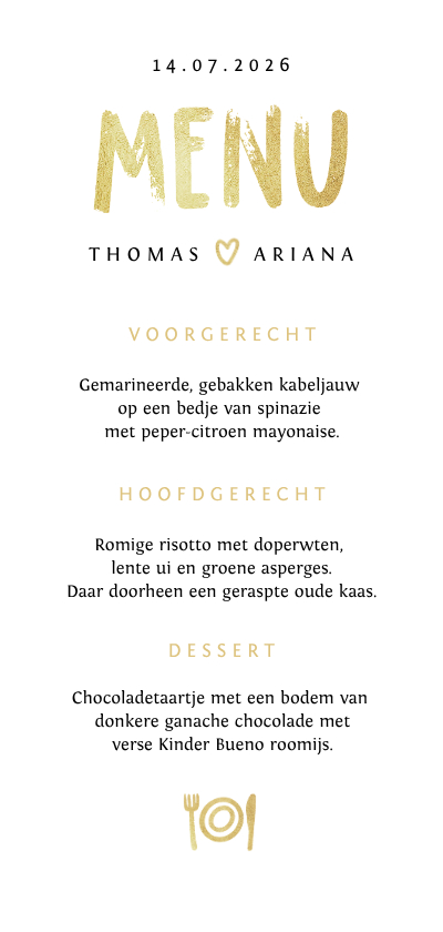Trouwkaarten - Menukaart bruiloft goud bestek hartjes fotocollage