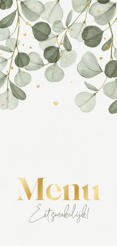 Trouwkaarten - Menukaart bruiloft goud eucalyptus groen hartjes