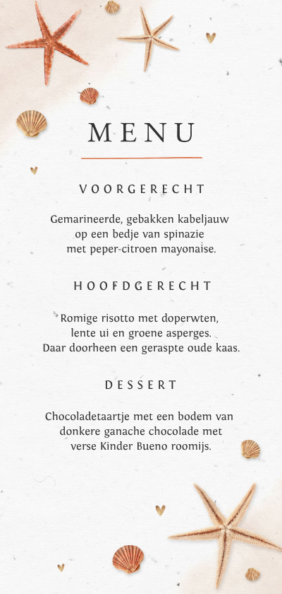 Trouwkaarten - Menukaart bruiloft strand beach zon foto zeesterren schelpen