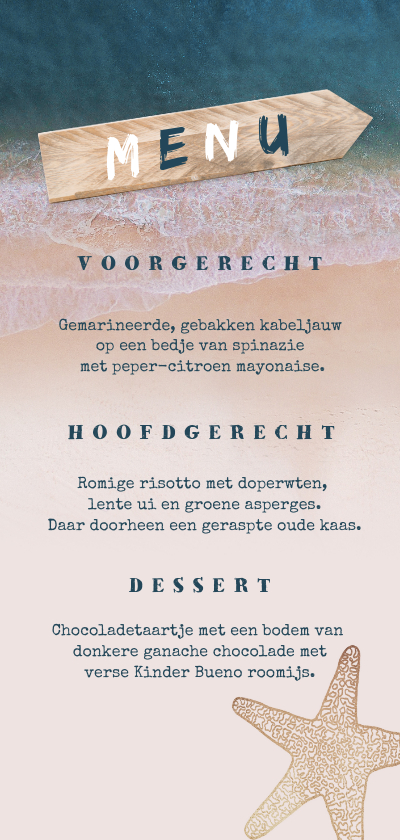 Trouwkaarten - Menukaart bruiloft strand zee wegwijzer zeester goud