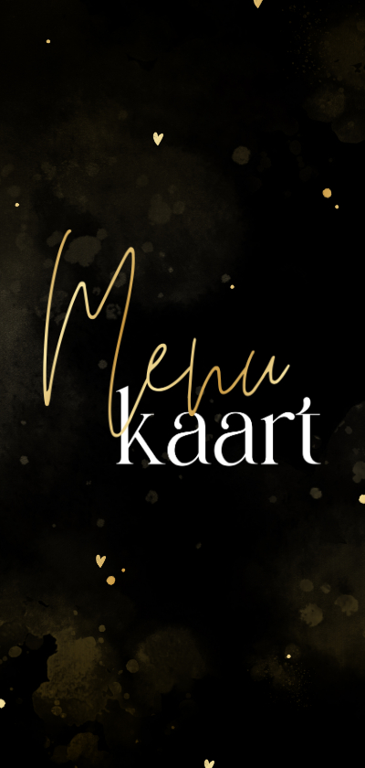 Menukaart bruiloft zwart met goud hartjes en waterverf - Trouwkaarten Trouwkaarten - Menukaart bruiloft zwart met goud hartjes en waterverf