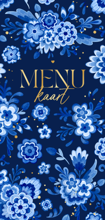 Trouwkaarten - Menukaart Delfts blauw donker bloemen romantisch