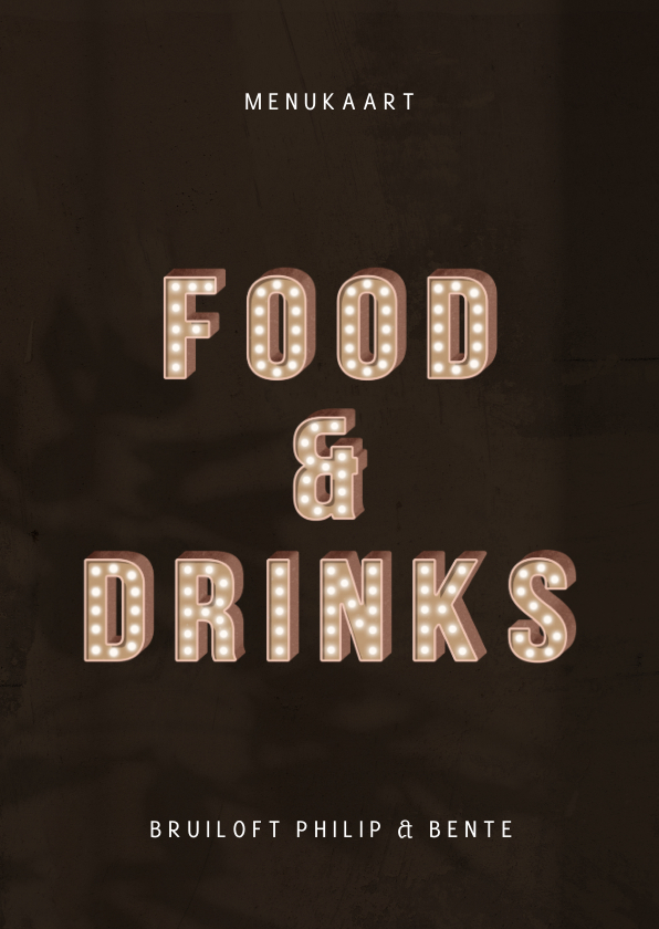 Trouwkaarten - Menukaart festival letters met licht food & drinks