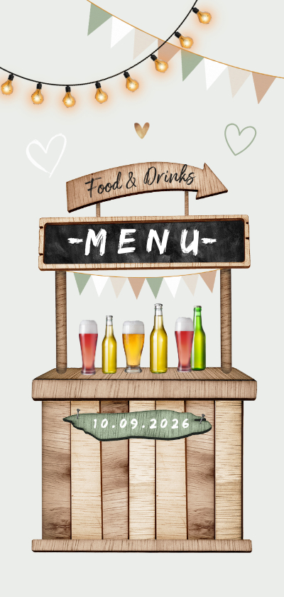 Trouwkaarten - Menukaart houtlook festival style wegwijzers hartjes