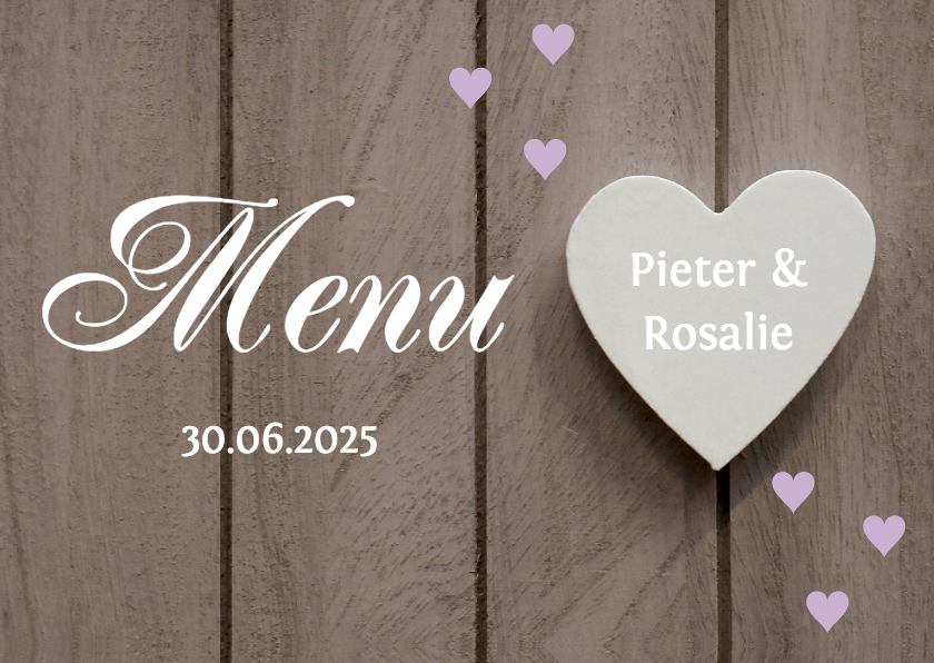 Menukaart houtlook hartjes paars - Trouwkaarten Trouwkaarten - Menukaart houtlook hartjes paars