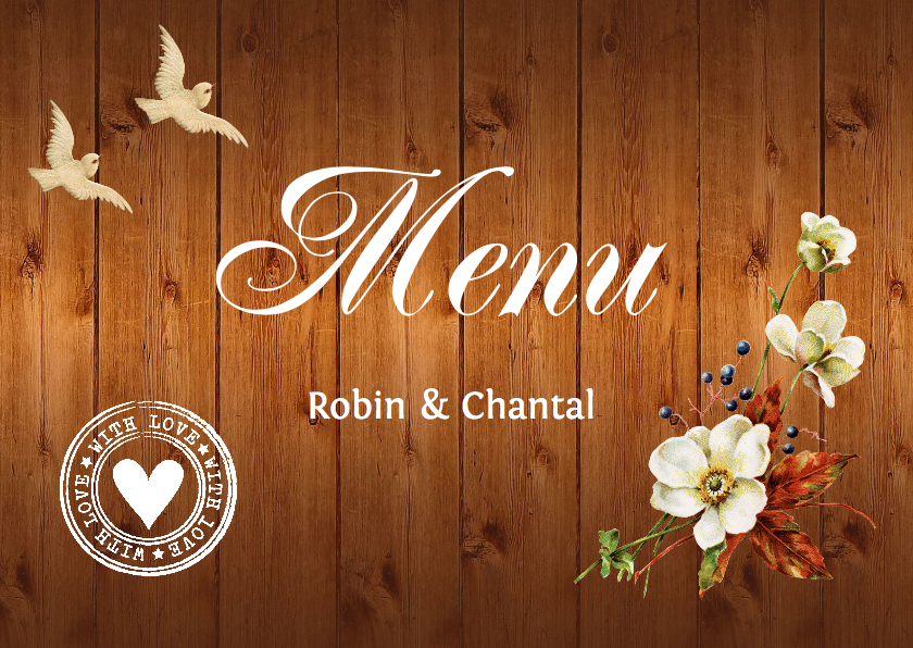 Menukaart houtprint romantische bloemen - Trouwkaarten Trouwkaarten - Menukaart houtprint romantische bloemen