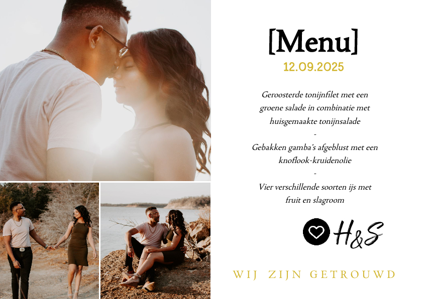 Menukaart- huwelijksdiner met foto's - Trouwkaarten Trouwkaarten - Menukaart- huwelijksdiner met foto's