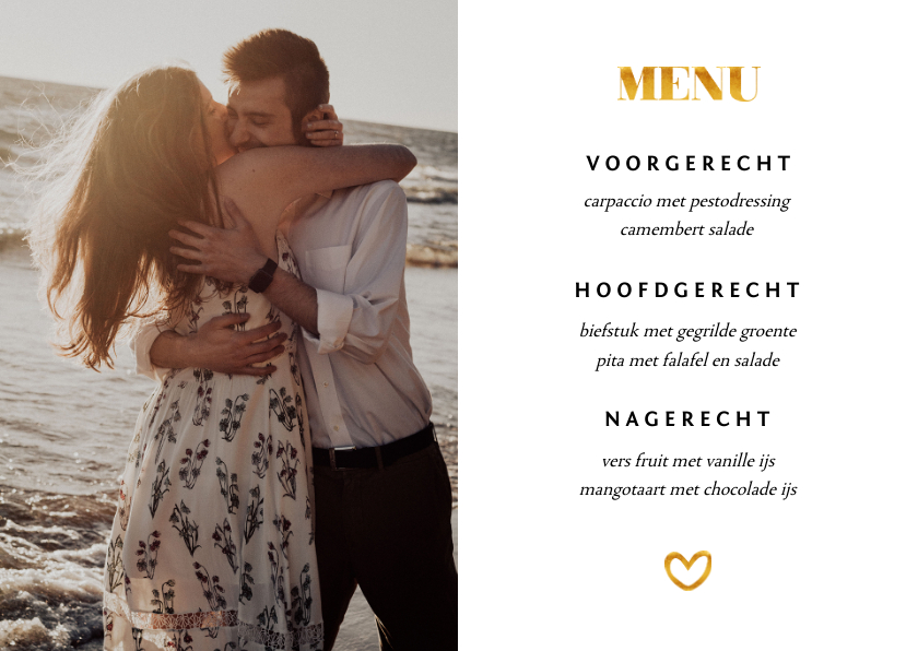 Trouwkaarten - Menukaart met 1 foto en gouden accenten liggend