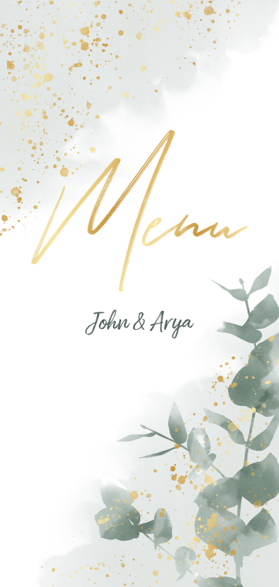 Menukaart met groene waterverf, takjes en gouden typografie - Trouwkaarten Trouwkaarten - Menukaart met groene waterverf, takjes en gouden typografie