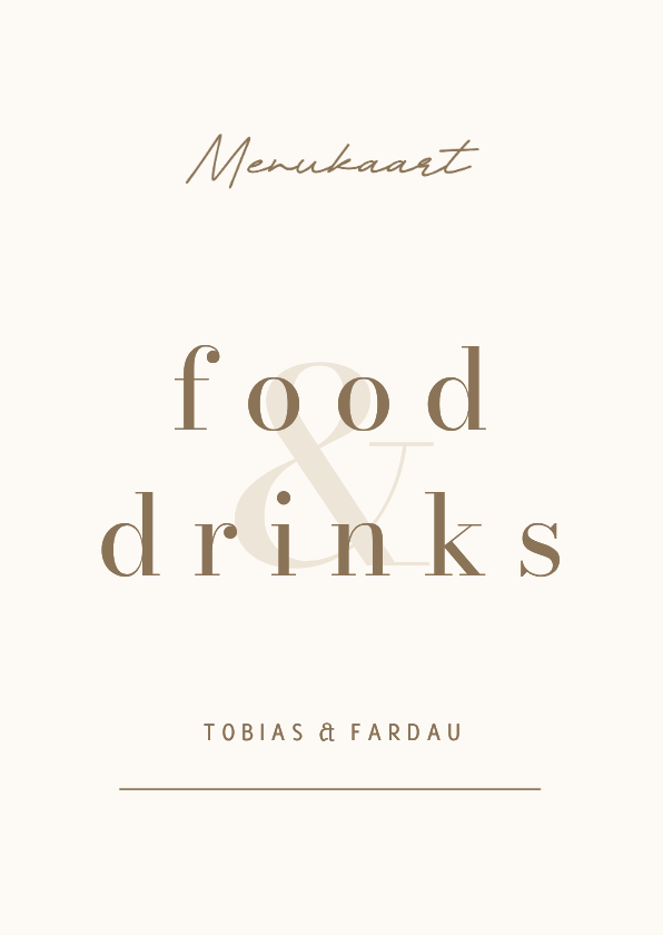 Menukaart minimalistische beige met bruin food & drinks - Trouwkaarten Trouwkaarten - Menukaart minimalistische beige met bruin food & drinks