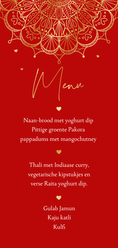 Trouwkaarten - Menukaart rood mandala hartjes Hindoestaans goud