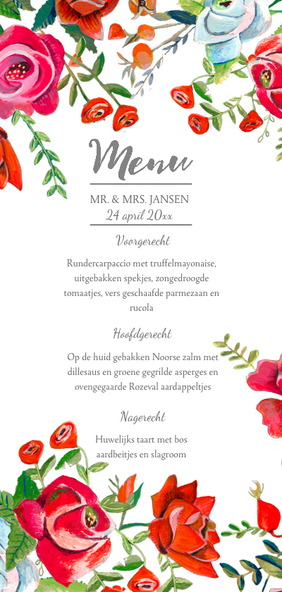 Menukaart rozen tuin - Trouwkaarten Trouwkaarten - Menukaart rozen tuin