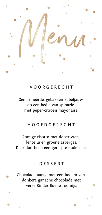 Trouwkaarten - Menukaart stijlvol goud confetti en typografie