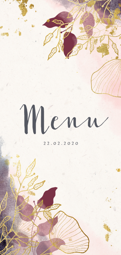 Menukaart stijlvol met waterverf en gouden bloemen - Trouwkaarten Trouwkaarten - Menukaart stijlvol met waterverf en gouden bloemen