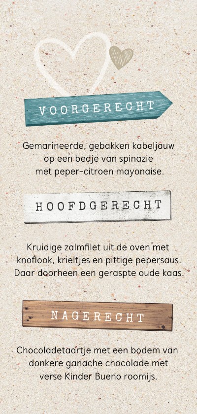 Trouwkaarten - Menukaart strand met houten planken en hartjes