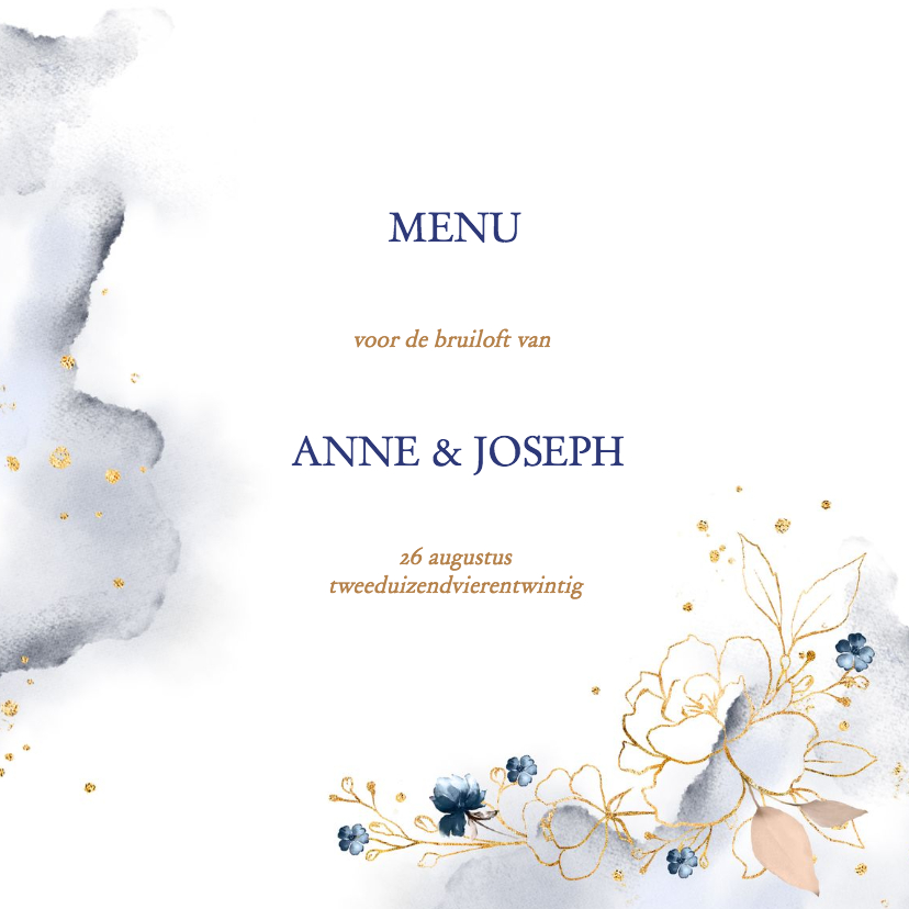 Menukaart trouw rozen goud met blauw - Trouwkaarten Trouwkaarten - Menukaart trouw rozen goud met blauw