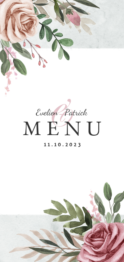 Menukaart trouwen vintage bohemian bloemen Menukaart trouwen vintage bohemian bloemen
