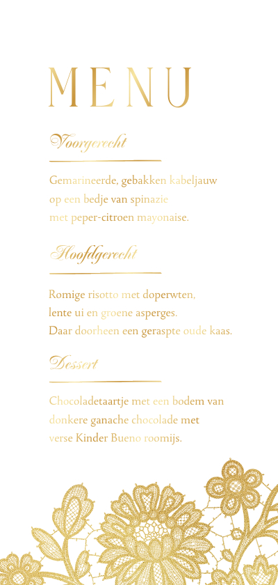 Menukaart trouwen vintage kant goud bloemen Menukaart trouwen vintage kant goud bloemen