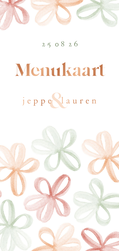 Trouwkaarten - Menukaart uitnodiging bloemetjes gekleurd met waterverf