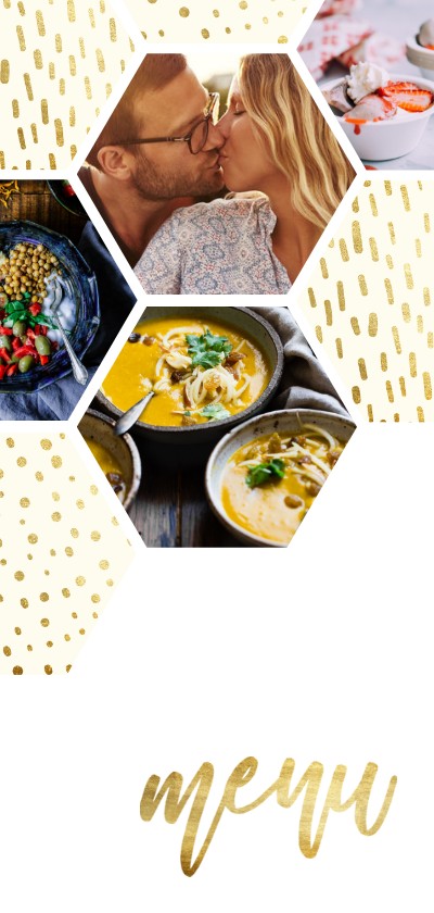 Menukaart zeshoek fotocollage met gouden confetti - Trouwkaarten Trouwkaarten - Menukaart zeshoek fotocollage met gouden confetti