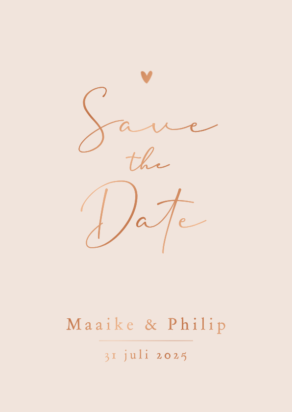 Minimalistisch save the date trouwkaart hartje koper - Trouwkaarten Trouwkaarten - Minimalistisch save the date trouwkaart hartje koper