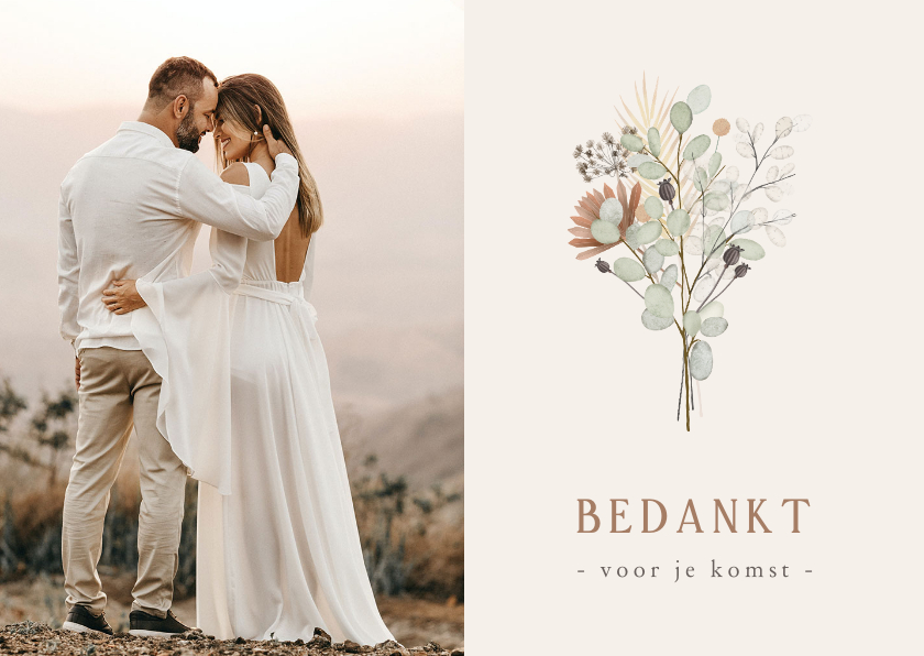 Trouwkaarten - Minimalistische bedankkaart trouwen met droogbloemen en foto