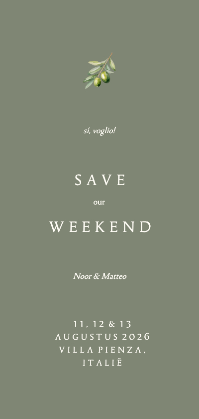 Minimalistische save the date groen met olijftakje - Trouwkaarten Trouwkaarten - Minimalistische save the date groen met olijftakje