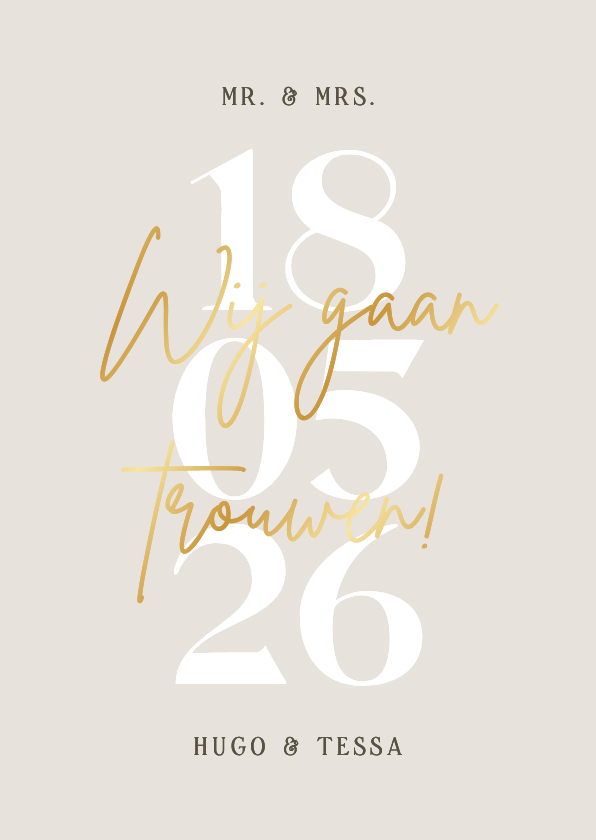 Minimalistische trouwkaart grote datum goud neutraal - Trouwkaarten Trouwkaarten - Minimalistische trouwkaart grote datum goud neutraal